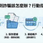 圖說: 這是一張遭遇詐騙時的緊急行動指南。圖中清晰列出了四個關鍵步驟:1. 立即撥打「165反詐騙專線」報警;2. 完整「保存證據」,包含對話與匯款紀錄;3. 儘速通知銀行「凍結帳戶」;4. 尋求專業律師進行「法律協助」,同步展開刑事告訴與民事求償,以保障自身權益。(示意圖)