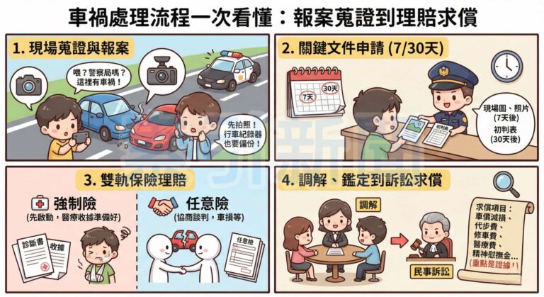 圖解車禍處理SOP：掌握關鍵節點，確保求償權益 基隆名車車禍獲賠156萬一案，凸顯了完整「證據鏈」在民事求償中的重要性。（圖／示意圖）