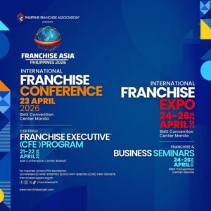 Franchise Asia Philippines 2026 活動主視覺公布展期與三大主軸：4月23日「國際加盟會議」、4月24日至26日「國際加盟展」及同期間「商業講座」，地點以馬尼拉SMX會議中心為主，並安排4月21日至22日在馬卡蒂舉行加盟高階人才認證課程（CFE）。圖片翻攝自 Franchise Asia Philippines 官方網站。