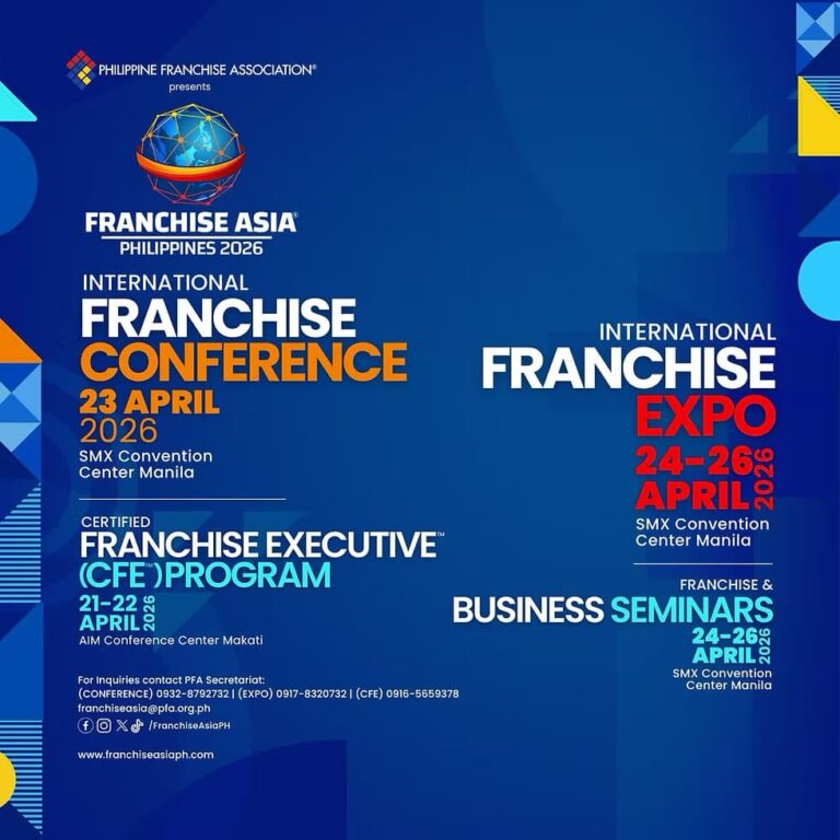 Franchise Asia Philippines 2026 活動主視覺公布展期與三大主軸：4月23日「國際加盟會議」、4月24日至26日「國際加盟展」及同期間「商業講座」，地點以馬尼拉SMX會議中心為主，並安排4月21日至22日在馬卡蒂舉行加盟高階人才認證課程（CFE）。圖片翻攝自 Franchise Asia Philippines 官方網站。