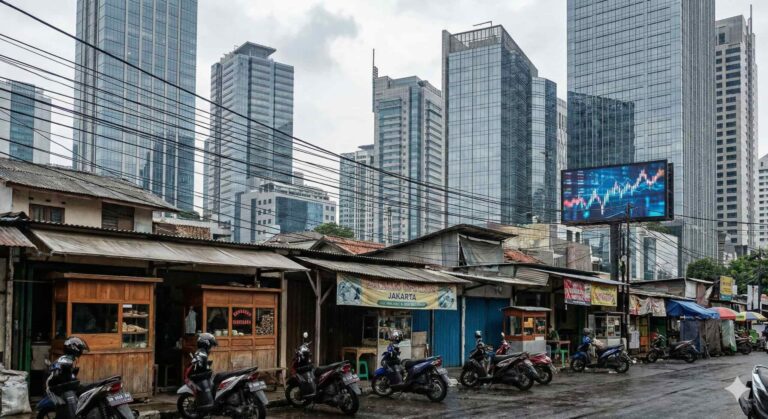 在印尼雅加達充滿活力的街頭，前景傳統的中小微企業（UMKM）攤販與背景現代化的摩天大樓群形成強烈對比，展現了該國經濟發展的多元樣貌。矗立在舊街區中的巨大電子看板正顯示著金融市場數據，象徵著數位金融力量的崛起與滲透。正如新聞報導指出，印尼P2P借貸平台Modalku正透過全線上審核流程，為這些傳統業者提供最高10億印尼盾的融資機會，利用科技填補傳統銀行難以觸及的資金缺口，加速在地經濟的數位轉型。（AI生成圖片）